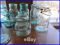 12 Vtg Ball Mason Aqua Blue Quart Canning Jars Wire Handle Glass Lids Farmhouse