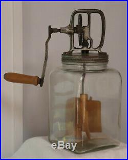 14 tall Vintage BUTTER CHURN Wood Paddles & Handle Glass Atlas Jar HA 4249