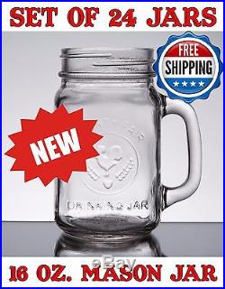 16 oz. Classic Drinking Mason Glass Jar with Handle, LOT of 24, 24-Pack, BULK
