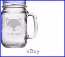 16oz 4-Piece For Fox Sake Clear Glass Mason Drinking Jar Mug Cup Set w Handle