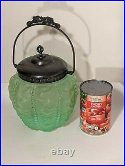 1800s Satin Green Uranium Vaseline Glass Biscuit Cracker Jar Pewter Lid Handle