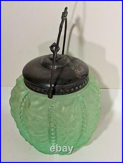 1800s Satin Green Uranium Vaseline Glass Biscuit Cracker Jar Pewter Lid Handle