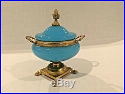 1850's- French Seafoam Blue Trinket Jar, Gorgeous Double Handle. Look, Read