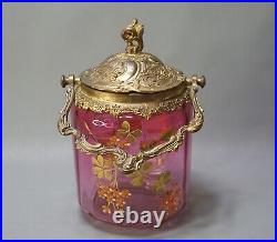 1870 French Gild Mount Cranberry Glass Biscuit Crackers Jar Enamel Flowers