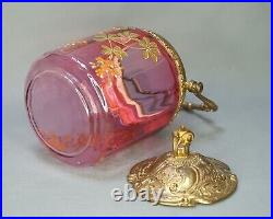 1870 French Gild Mount Cranberry Glass Biscuit Crackers Jar Enamel Flowers
