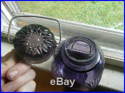 1880s SUNKEN EYE PANELS AMETHYST GLASS CANDY JAR WITH GLASS LID &HANDLE NICE