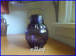 1890 AMETHYST MOON PATTERN CANDY JAR WithORIGINAL GLASS LID & CARRYING HANDLE