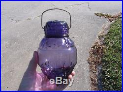 1890 ORIGINAL AMETHYST GLASS FANCY CANDY JAR WithSUN PATTERN LID & STEEL HANDLE