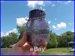 1890 ORIGINAL AMETHYST GLASS SUN & MOON PATTERN FANCY CANDY JAR WithLID & HANDLE