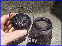 1890 ORIGINAL AMETHYST GLASS SUN & MOON PATTERN FANCY CANDY JAR WithLID & HANDLE