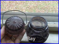 1890s AMETHYST GLASS CANDY JAR & ORIGINAL GLASS SUNBURST LID & CARRYING HANDLE