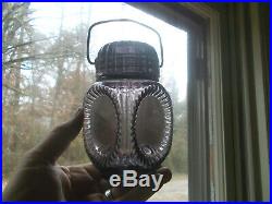 1890s AMETHYST GLASS CANDY JAR & ORIGINAL GLASS SUNBURST LID & CARRYING HANDLE