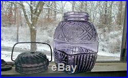 1890s AMETHYST SUN & MOON PATTERN CANDY JAR ORIGINAL GLASS LID & CARRYING HANDLE
