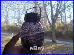1890s AMETHYST SUN & MOON PATTERN CANDY JAR WithGLASS LID & CARRYING HANDLE
