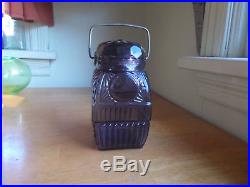 1890s AMETHYST SUN & MOON PATTERN CANDY JAR WithGLASS LID & CARRYING HANDLE