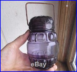 1890s FANCY BULLSEYE PATTERN AMETHYST PURPLE GLASS CANDY JAR WithLID & HANDLE