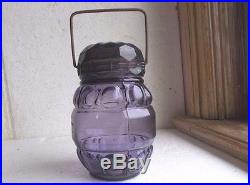 1890s FANCY BULLSEYE PATTERN AMETHYST PURPLE GLASS CANDY JAR WithLID & HANDLE