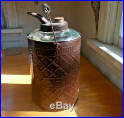 1890s ORIGINAL GEM TIN JACKET GLASS KEROSENE OIL JAR WITH POUR SPOUT & HANDLE