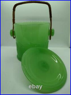 1930's Fenton Green Jade Art Glass 2 Handled Big Cookies MACAROON JAR