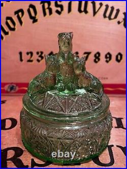 1930s Art Deco L. E. Smith Uranium Green Depression Glass Scottie dog Jar Rare