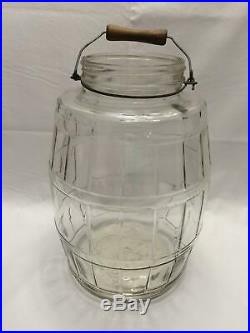 1935 Antique DURAGLASS glass PICKLE JAR barrel BAIL lid WOOD HANDLE