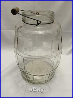 1935 Antique DURAGLASS glass PICKLE JAR barrel BAIL lid WOOD HANDLE