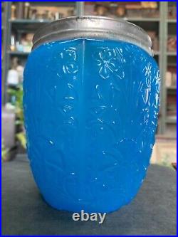 1960 Vintage Handmade Floral Embossed Blue Glass Jar Bucket with Carry Handle