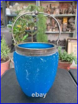 1960 Vintage Handmade Floral Embossed Blue Glass Jar Bucket with Carry Handle