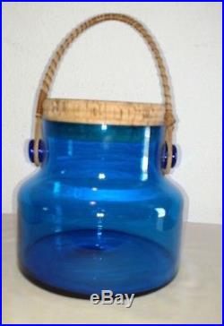 1960’s Takahashi COBALT Blue Blown Glass Jar With wicker Handle & Lid -Japan