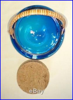 1960's Takahashi COBALT Blue Blown Glass Jar With wicker Handle & Lid -Japan