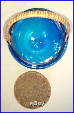 1960's Takahashi COBALT Blue Blown Glass Jar With wicker Handle & Lid -Japan