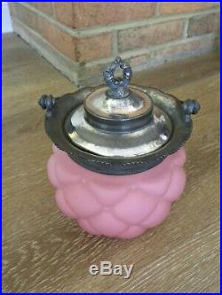 19thC Pink Satin Quilt Consolidated Glass Biscuit Jar with Silver Plated Handle