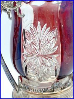 19th. C Cut Glass Jam Jar w Phoenix Handle & Cranberry Glass Panes