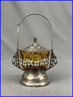 19th Century Amber Coinspot Silverplate 10 1/2 Pickle Castor, Enameled Flowers