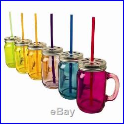 1-24 Colour Mason Glass Drinking Jars Vintage Screw Cap & Straw Handle Retro Sun