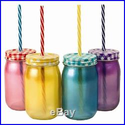 1-24 Coloured Jam Glass Drinking Jars Vintage Screw Cap & Straw Handle Retro Jar