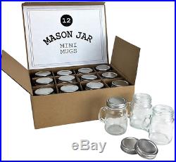 24 Mason Jar 4oz Mugs with Handles, Glass, Leak Proof Lids, Drinks Crafts Gifts