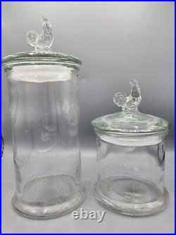 2 Clear Glass Rooster Handle Jar Canister Withlid Rustic Primitive Heavy Handmade