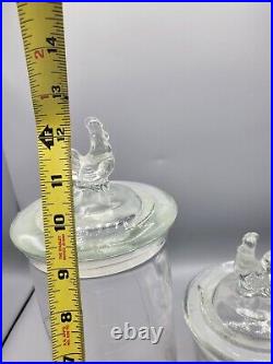 2 Clear Glass Rooster Handle Jar Canister Withlid Rustic Primitive Heavy Handmade