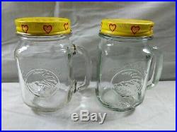 2 Golden Harvest Drinking Jar Mason Mug Glass Handle 16 oz Vintage PA Dutch Lid