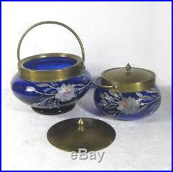 2 Hand-painted cobalt blue glass pots/jars brass lids & handles Germany xqe