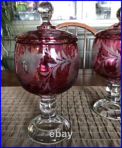 2 Lidded Pedestal Jars Cranberry to Clear Glass VTG Floral 11 LARGE Stunning