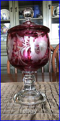 2 Lidded Pedestal Jars Cranberry to Clear Glass VTG Floral 11 LARGE Stunning