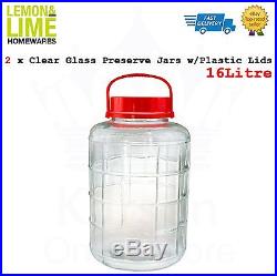 2 x Clear Glass Jar Plastic Lid withHandle 16Litre Kitchen Preserving Jar