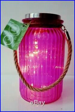 2 x Solar Garden Lantern Light Glass Jar Hanging & Rope Handle 20 LED Lamp Pink