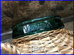 31665 Vintage Large VIRESA Green Glass Bottle / Jar w Handled Wicker Cover