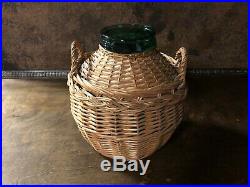 31665 Vintage Large VIRESA Green Glass Bottle / Jar w Handled Wicker Cover