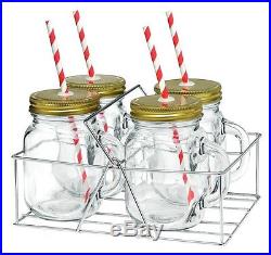 36654 AVANTI SET OF 4 MASON JARS WITH HANDLE AND STRAW IN CADDY DRINKING GLASS
