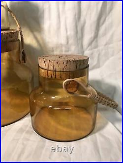 3 Vintage MCM 1960s Takahashi Amber Glass Canisters Jars Cork Rattan Handle Nice