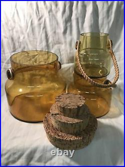 3 Vintage MCM 1960s Takahashi Amber Glass Canisters Jars Cork Rattan Handle Nice